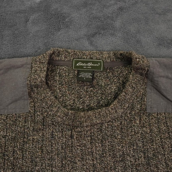 Eddie Bauer Sweater Mens Large Brown Pullover Military Crew Neck Elbow Patches - Picture 3 of 11